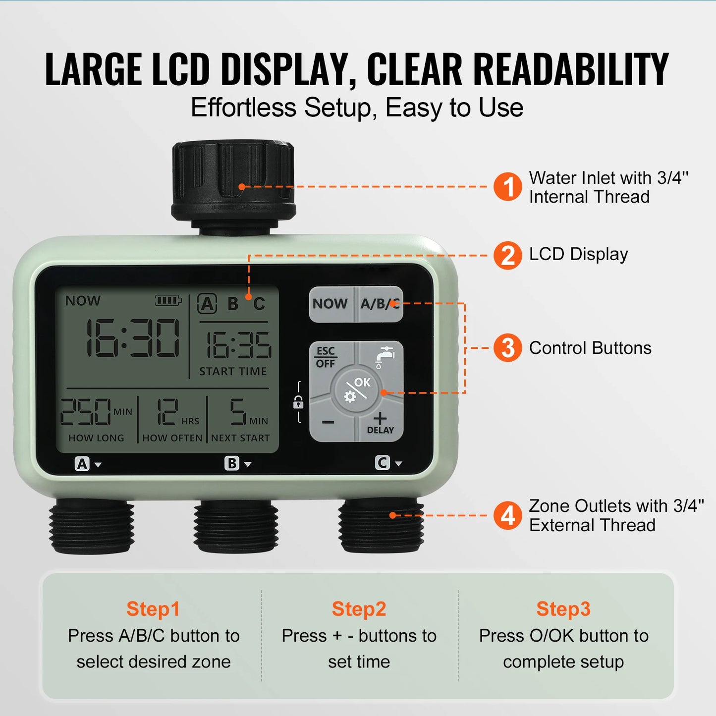 SucceBuy Water Timer With 3 Independent Zones LCD Display