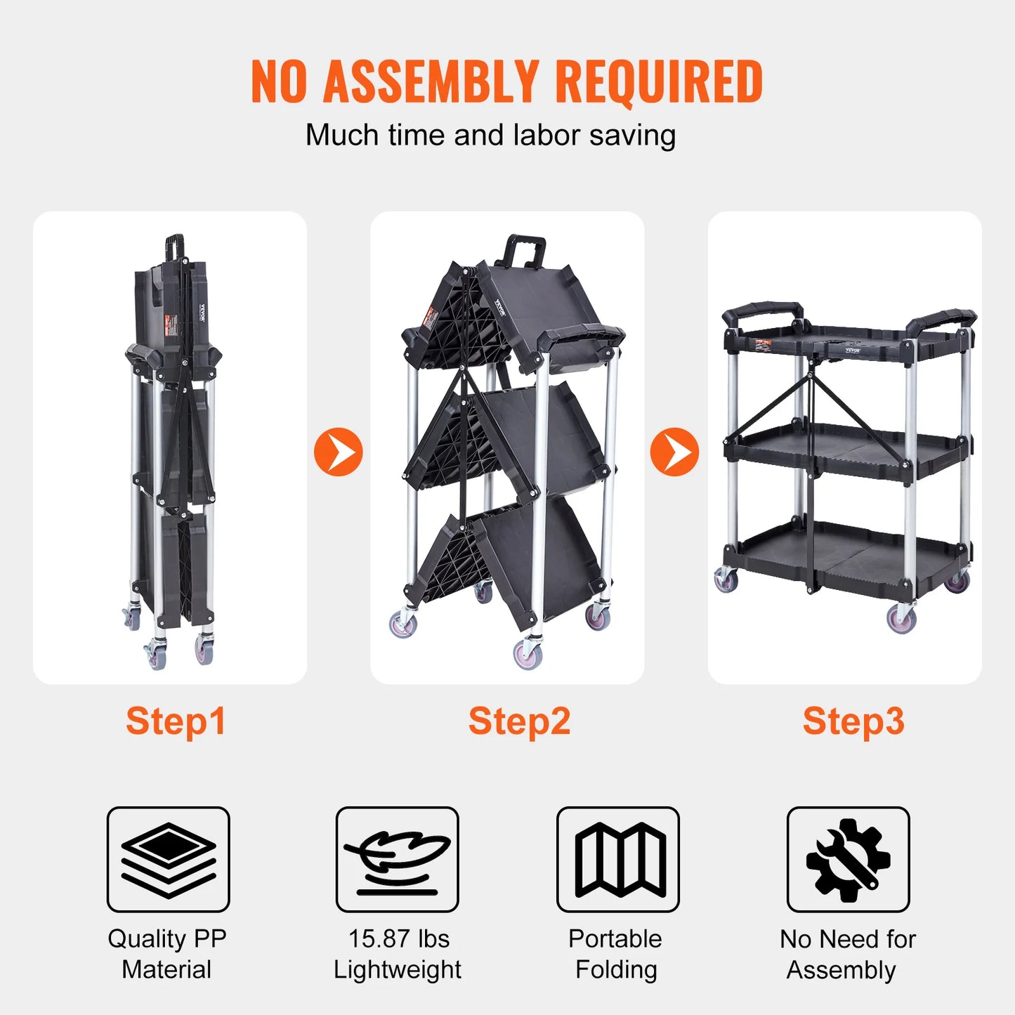 SucceBuy 3 Tier Folding Utility Cart For Kitchen And Bathroom