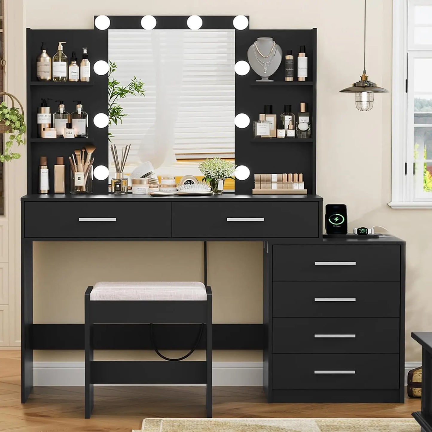 Vanity Desk With LED Mirror And Power Outlet 7 Drawers