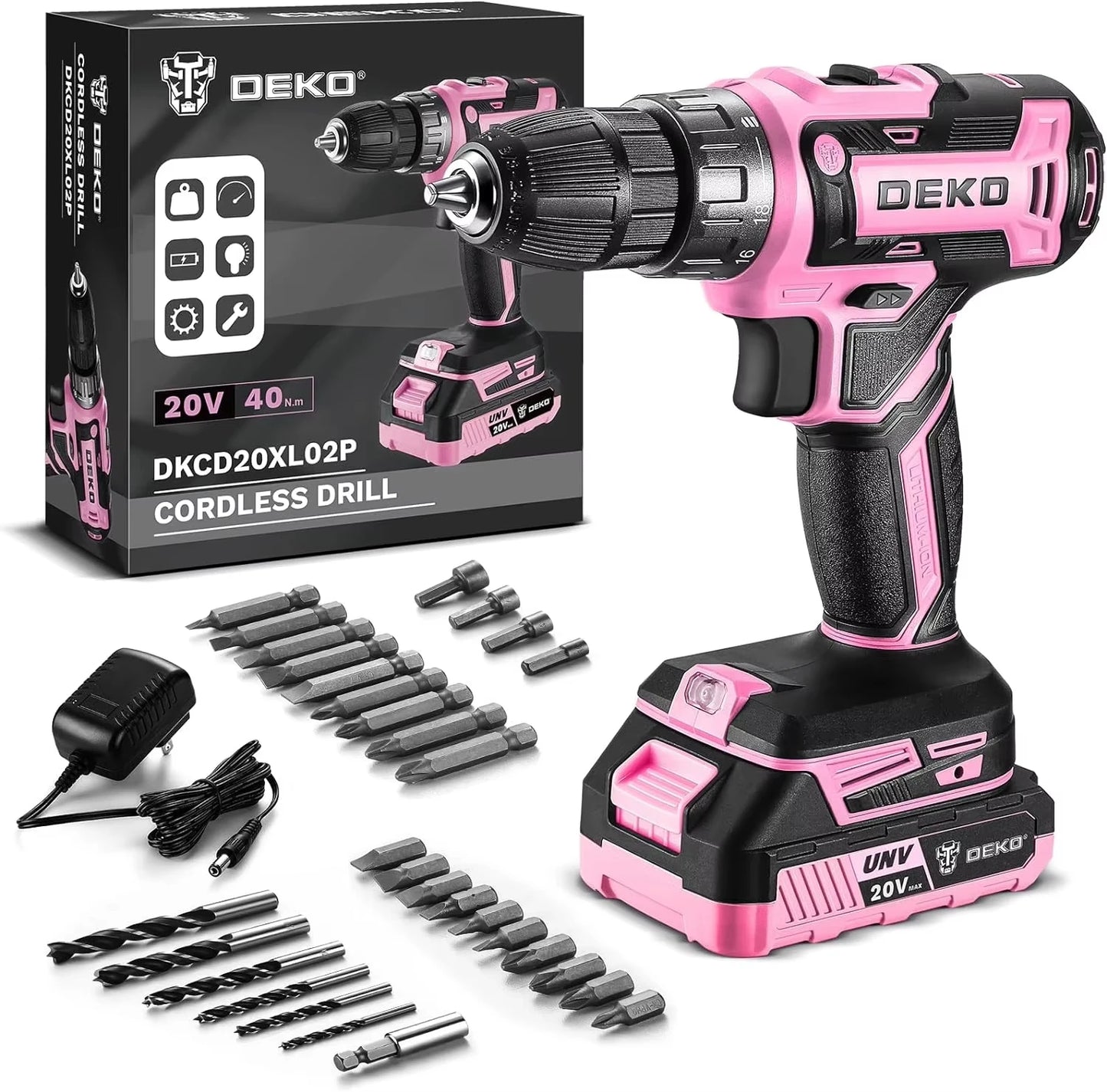 DEKO 20V Cordless Drill Kit With Battery And Charger
