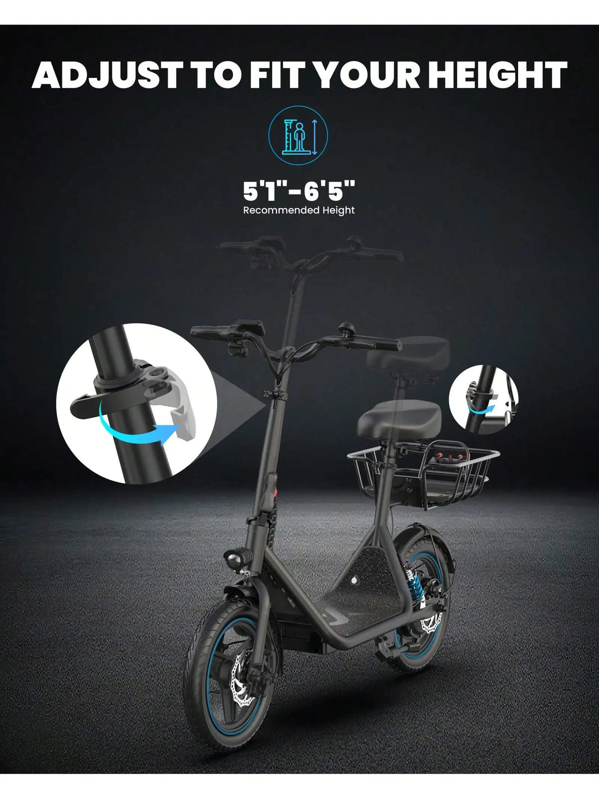 GYROSHOES Adult Electric Scooter with Seat, Basket and Dual Suspension