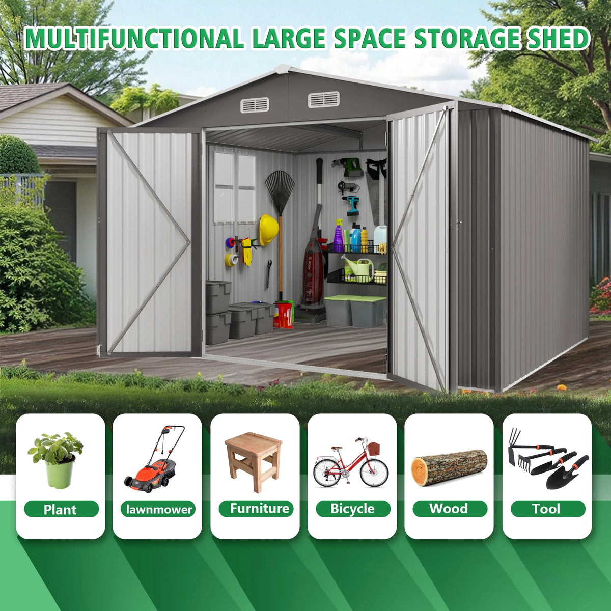 SUSUA Outdoor Metal Storage Shed With Double Doors And Windows