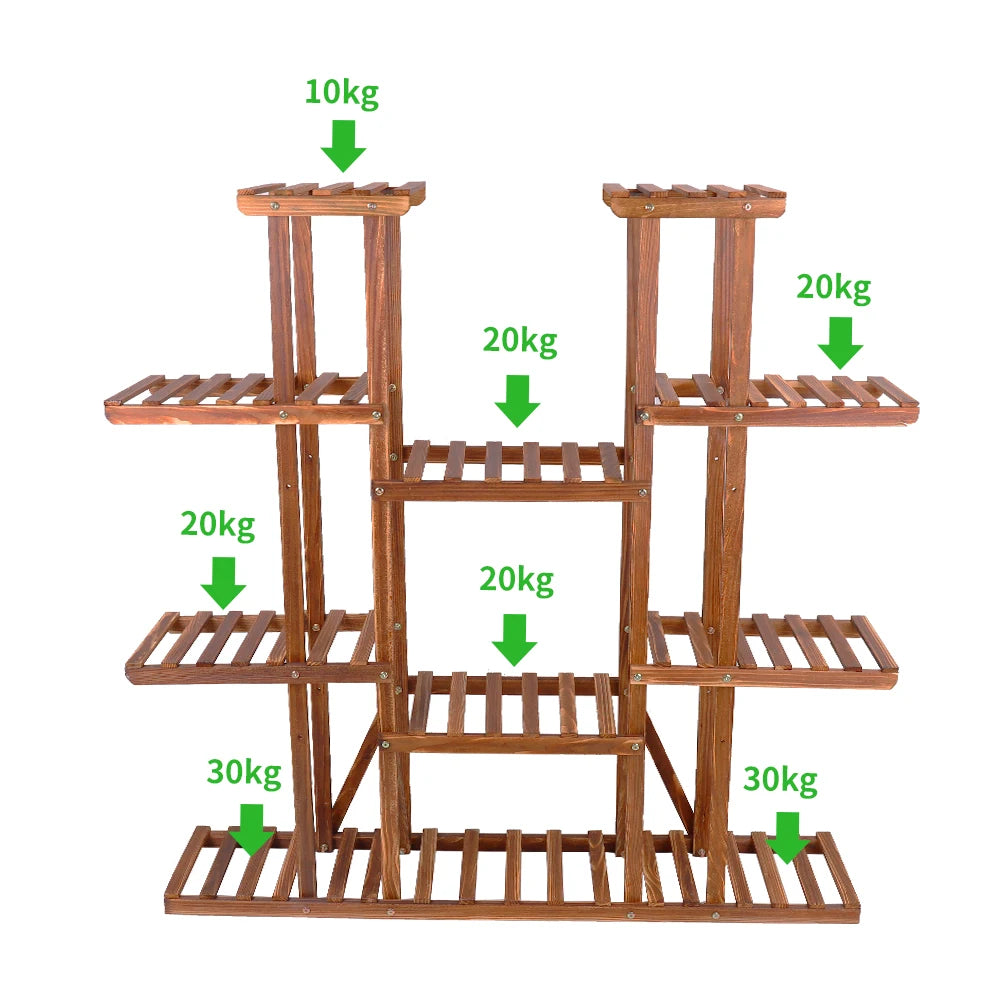 11 Tier Carbonized Wood Plant Stand For Indoor Outdoor Decor