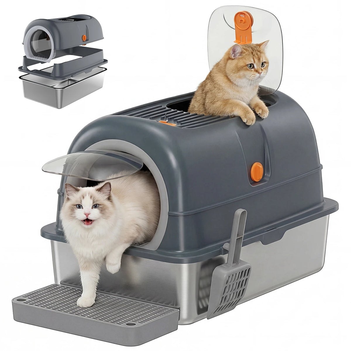 JHK Stainless Steel Enclosed Cat Litter Box With Included Scoop