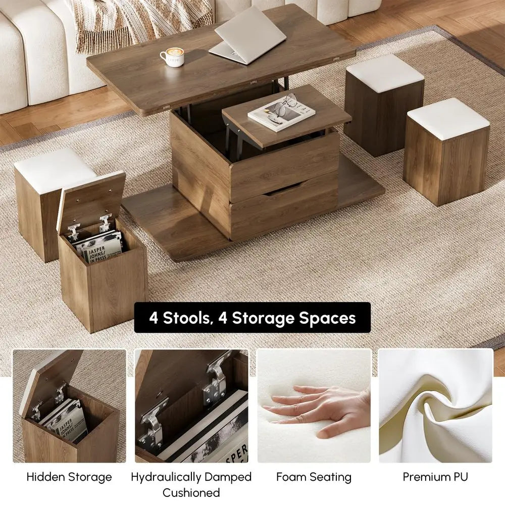 LiftTop Coffee Table With Hidden Storage And Folding Stools