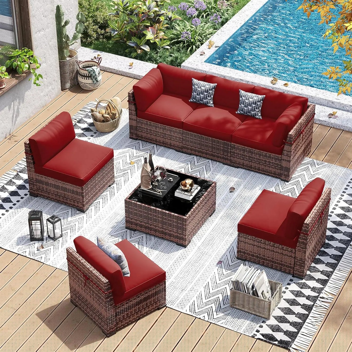 Patio Furniture Set 7-Piece PE Wicker Outdoor Conversation