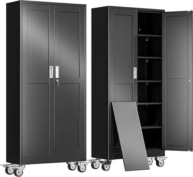 Metal Garage Storage Cabinet With 2 Doors And Wheels 5 Adjustable Shelves