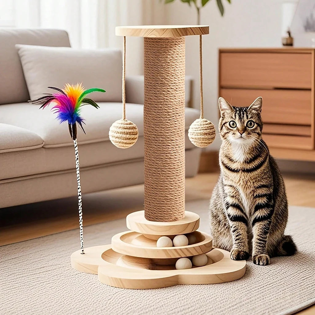 Wooden Cat Scratcher With Ball Track And Feather Toy