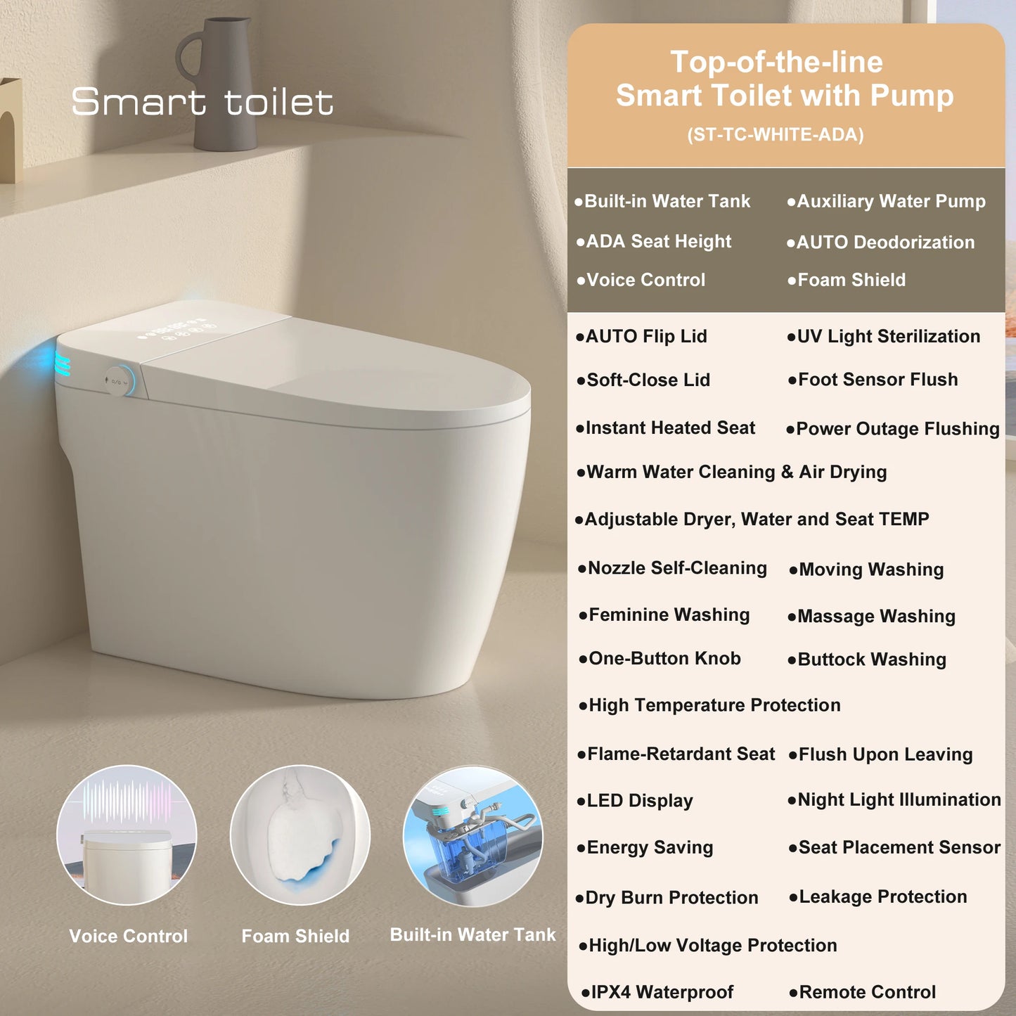Smart Toilet With Built In Bidet Auto Open Close Dual Flush Heated Bidet Seat
