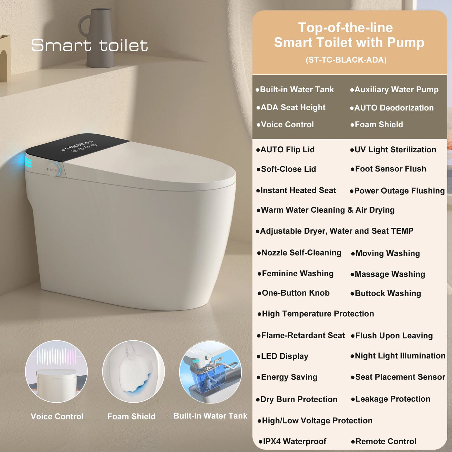 Smart Toilet With Built In Bidet Auto Open Close Dual Flush Heated Bidet Seat