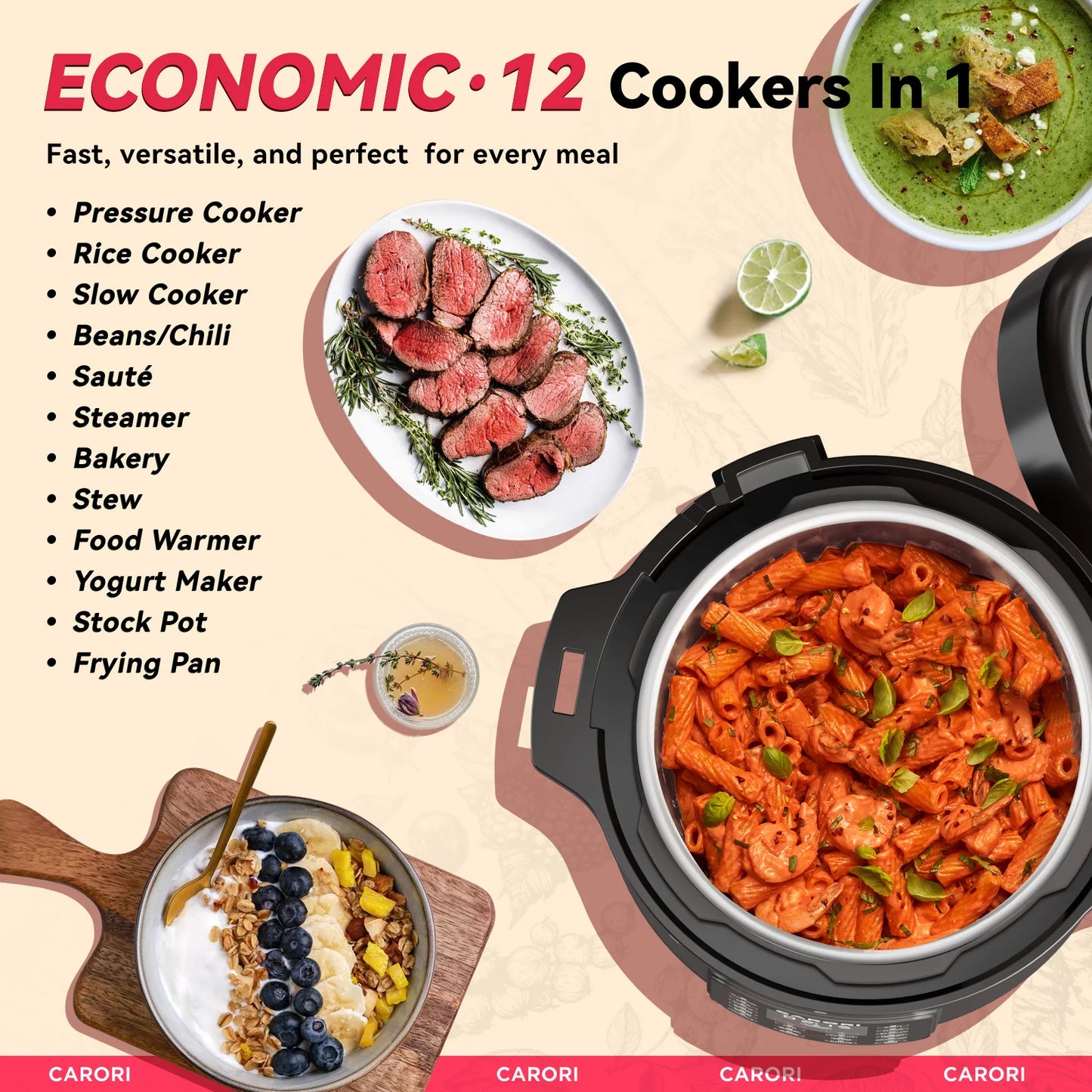 Carori 1200W 12-In-1 Electric Pressure Cooker Yogurt Maker
