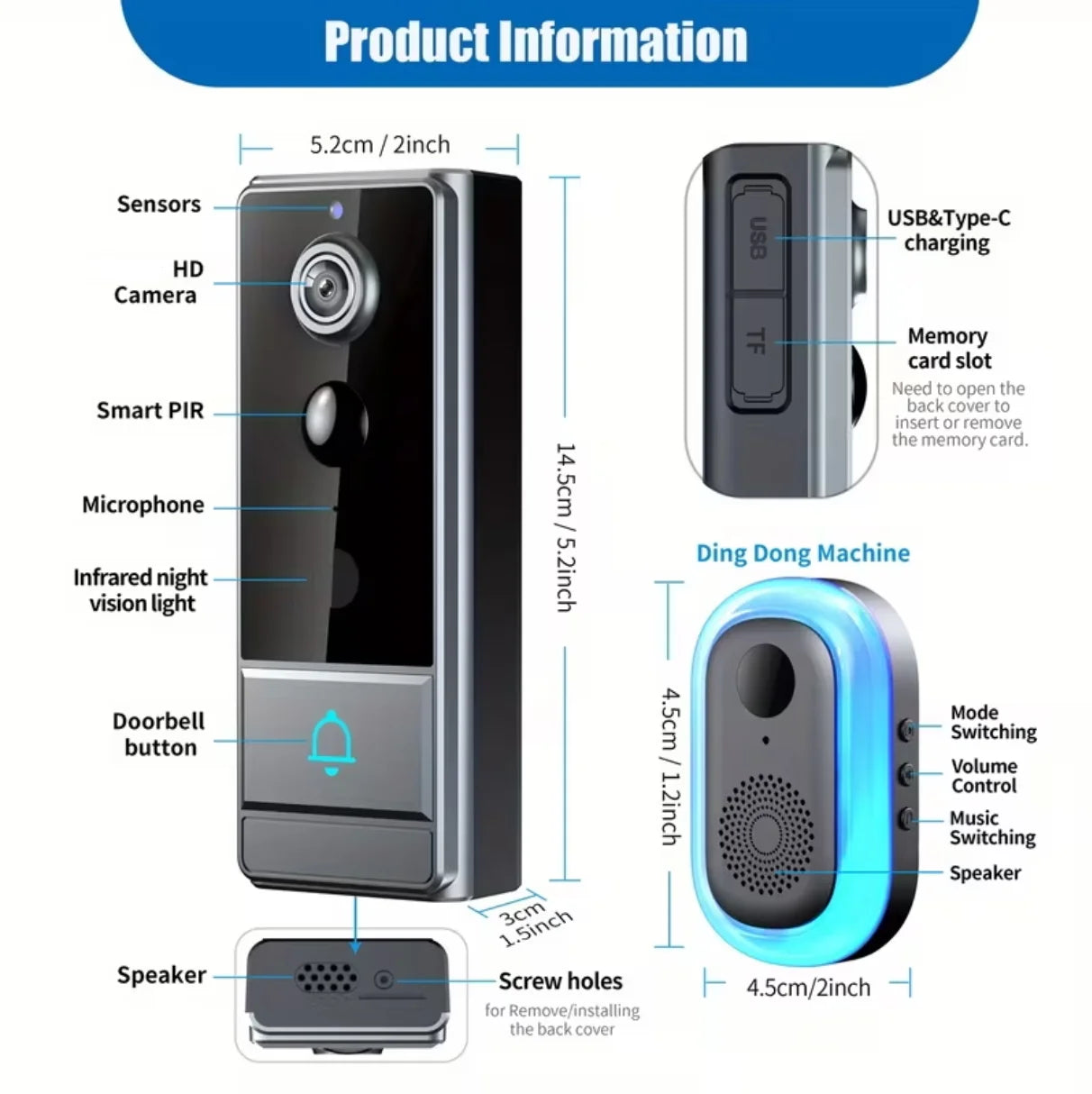 XBIBI Wireless Smart Video Doorbell with 3600mAh Battery