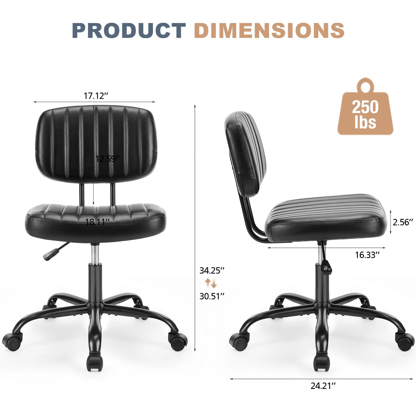 JHK Armless Office Chair With Lumbar Support 360 Degree Swivel