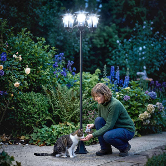 Outdoor Solar Triple Head Lamp Post With Automatic Dusk Lighting