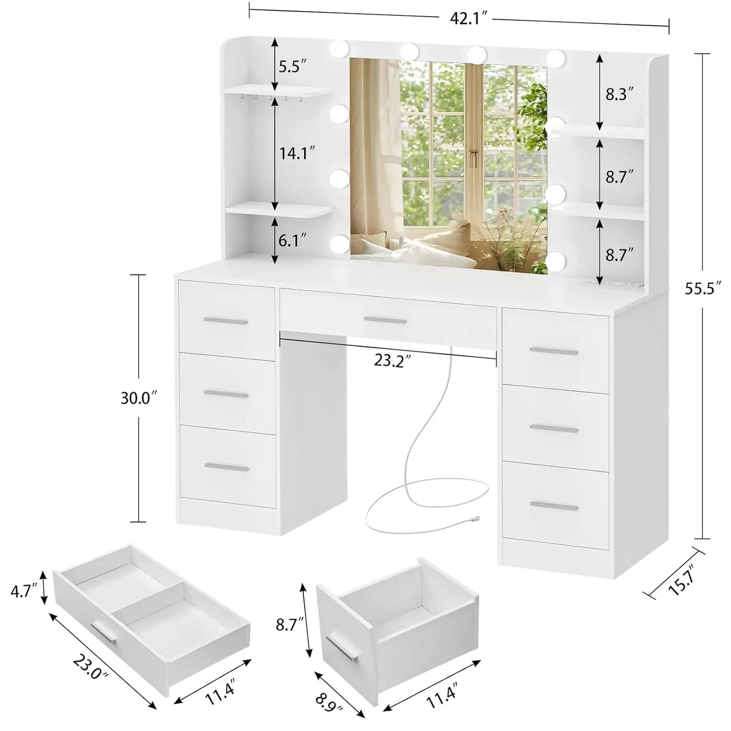 Vanity Desk With LED Mirror And Power Outlet 7 Drawers