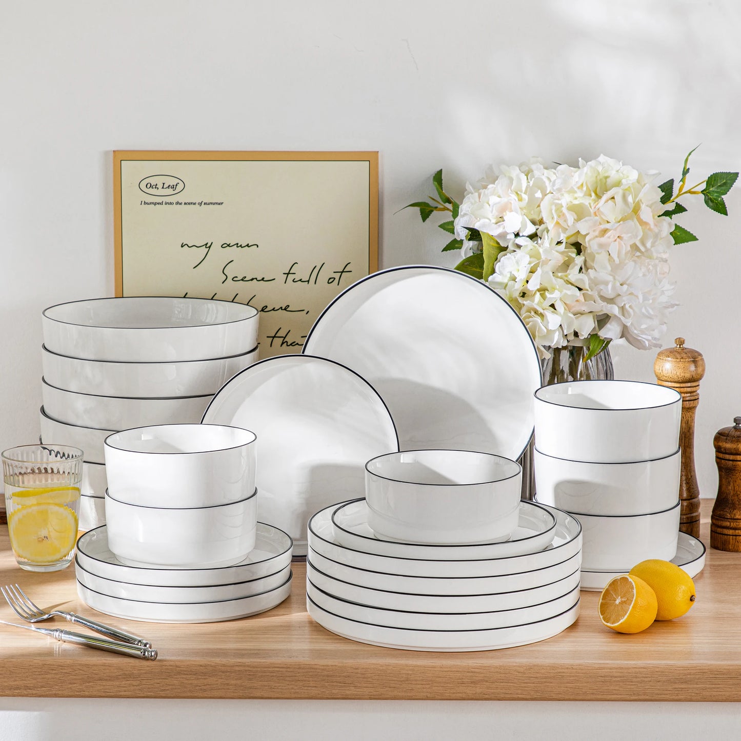 MALACASA Ceramic Dinnerware Set Rimmed Plates Bowls Collection
