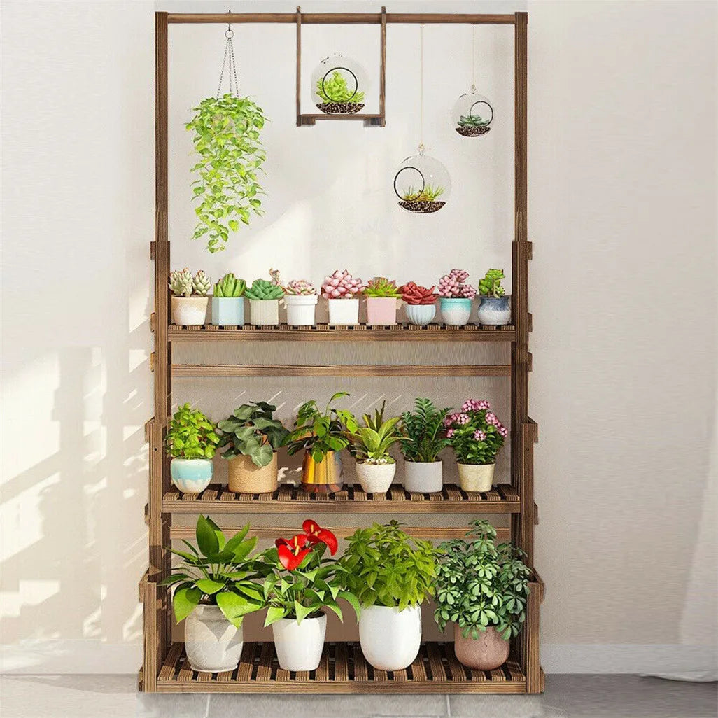 Heavy Duty Wooden Hanging Plant Stand With Tiered Shelves