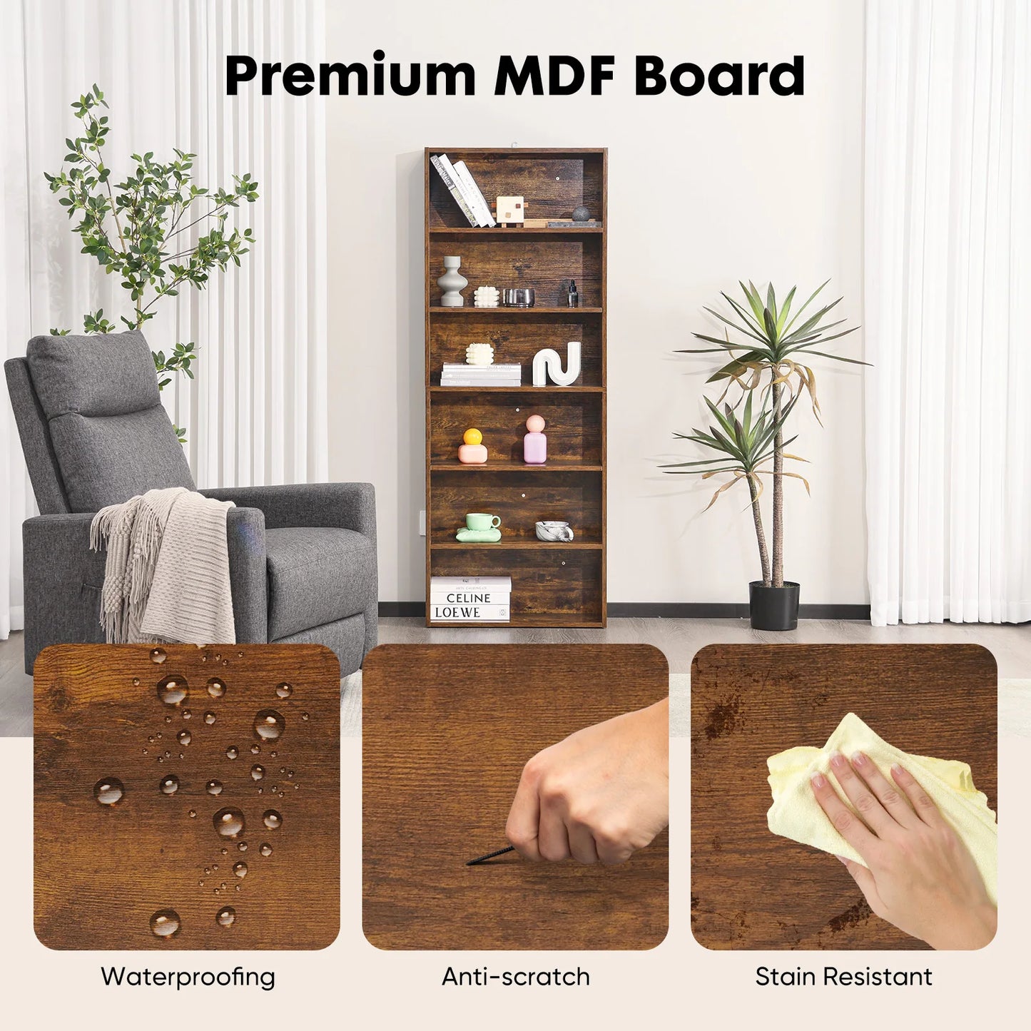 JHK 6 Tier Wood Shelf Bookcase For Living Room Office