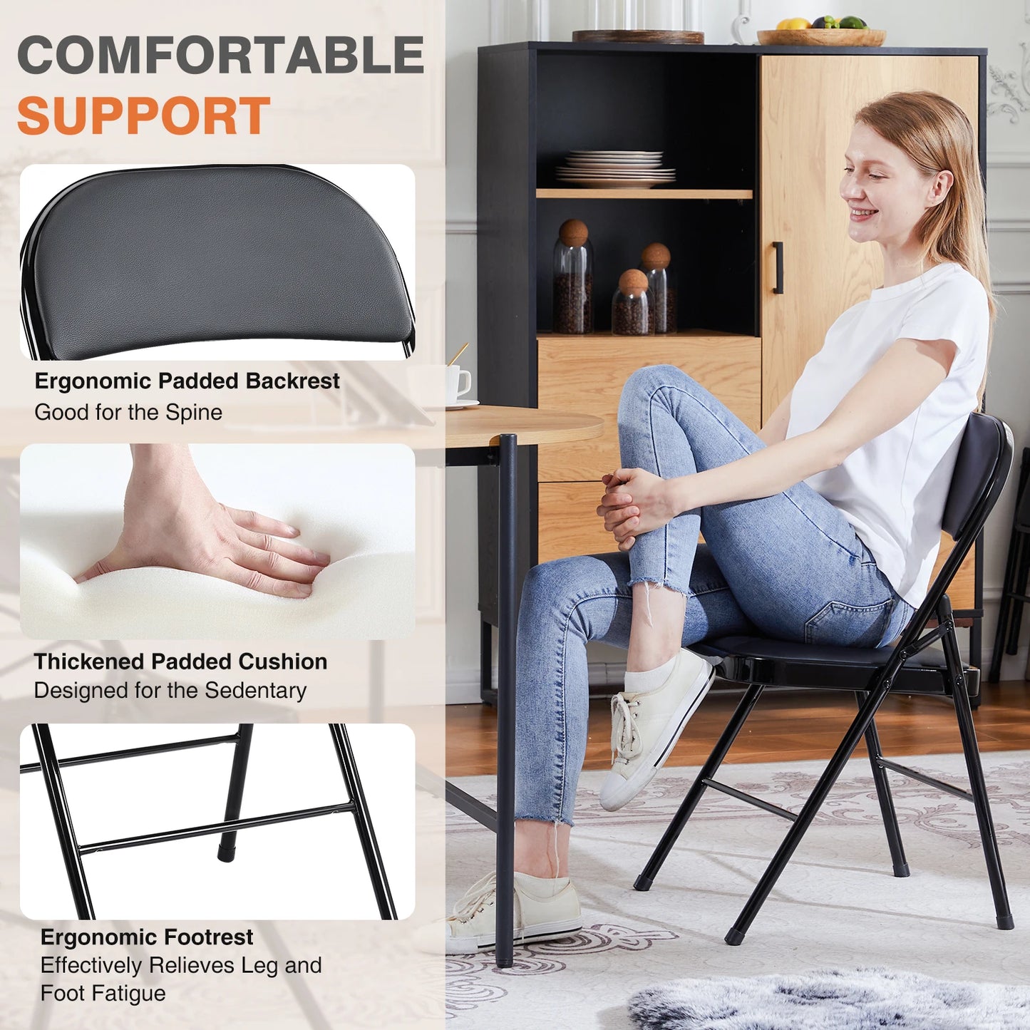 JHK Leather Padded Folding Chair Set, 4 Pack, Sturdy Metal