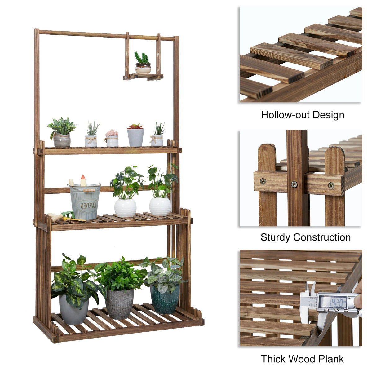 Heavy Duty Wooden Hanging Plant Stand With Tiered Shelves