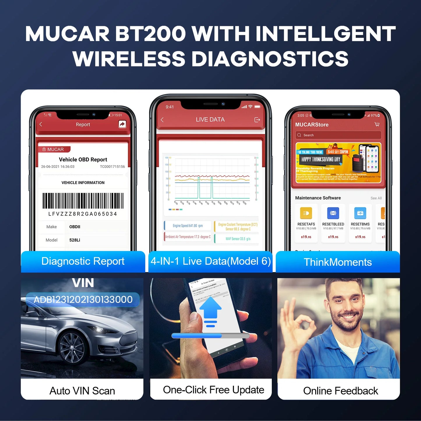 MUCAR BT200 Pro OBD2 Bluetooth Diagnostic Tool Full System
