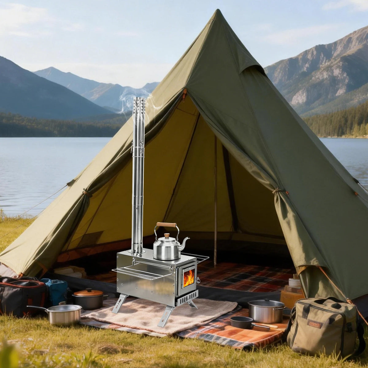 Portable Wood Burning Hot Tent Stove for Outdoor Cooking