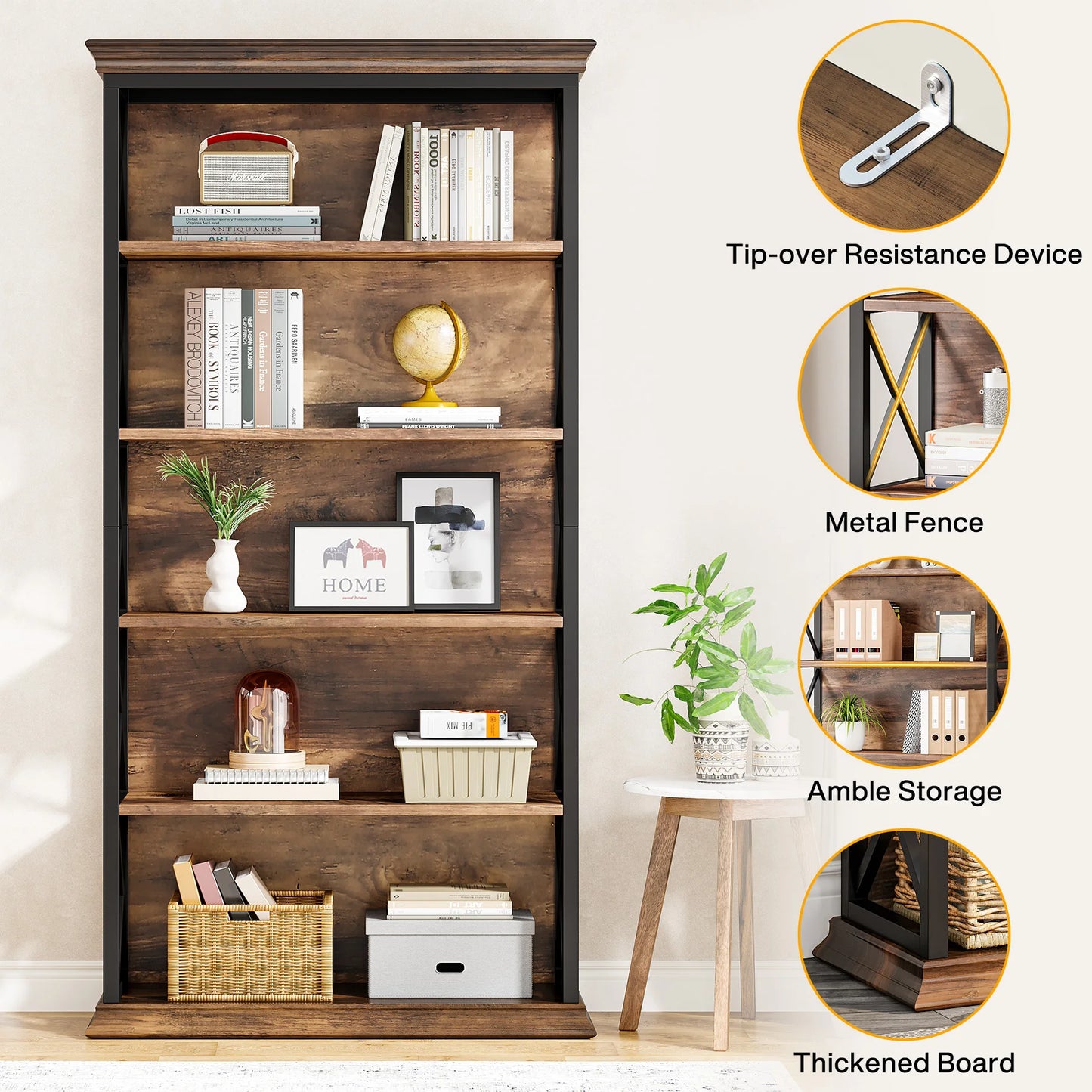 Tribesigns 5-Tier Industrial Wood Bookcase for Living Room