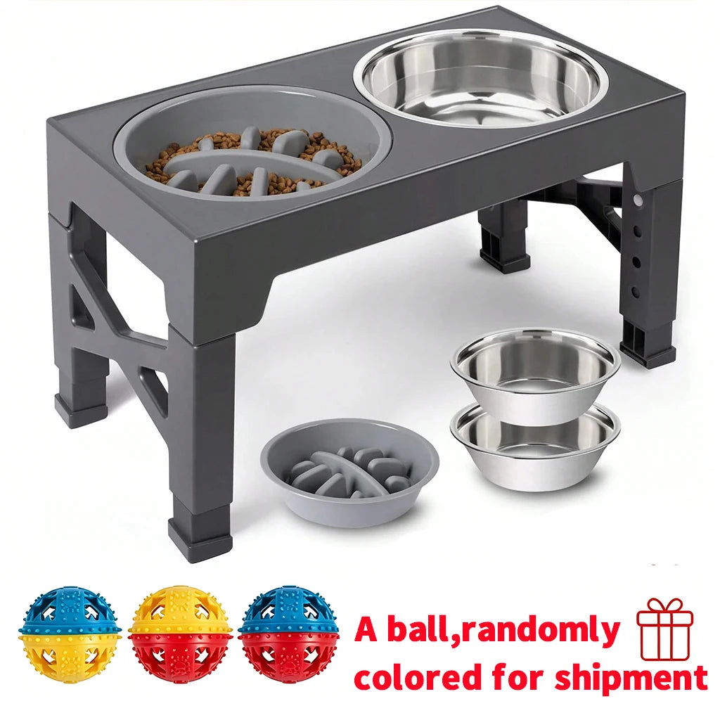 Adjustable Dog Feeder Stand with Slow Feed Bowl and Ball