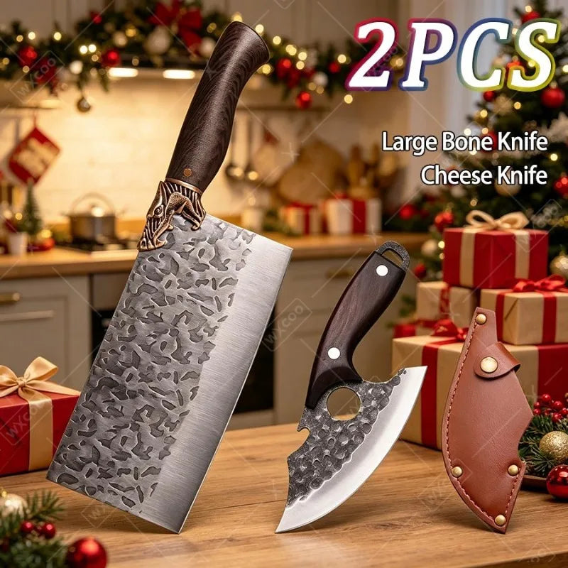 Stainless Steel Cleaver Chef Knife Pair For Kitchen Prep