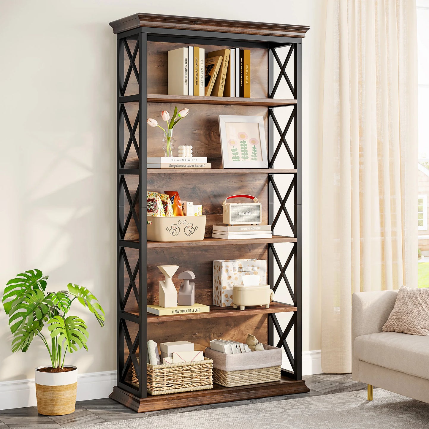 Tribesigns 5-Tier Industrial Wood Bookcase for Living Room