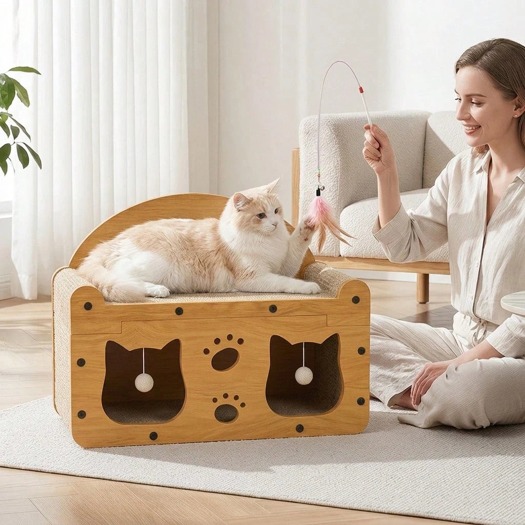 Multifunctional Cat House Scratcher Lounge With Hanging Toys