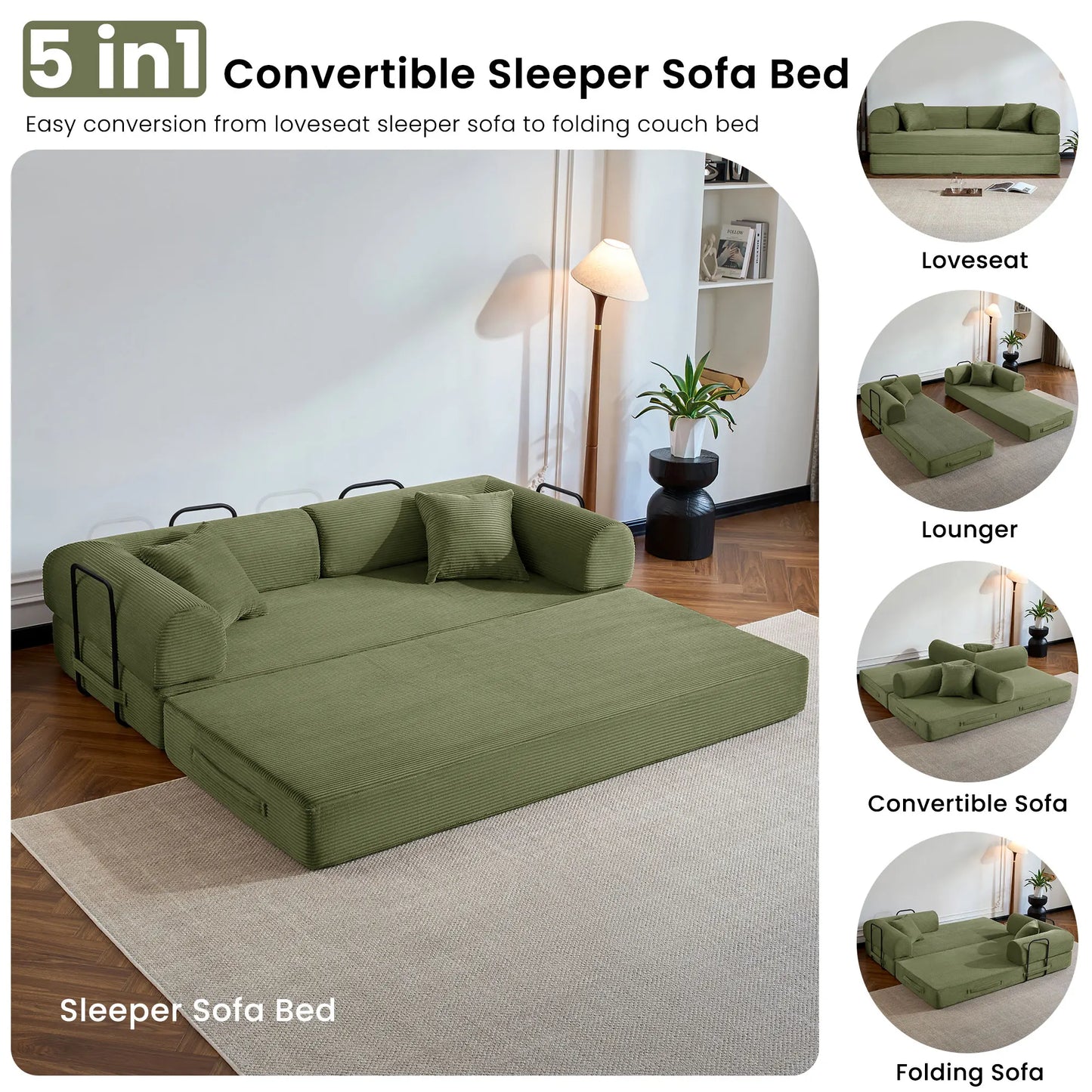 Modern Corduroy Folding Convertible Sofa Bed With Removable Cover