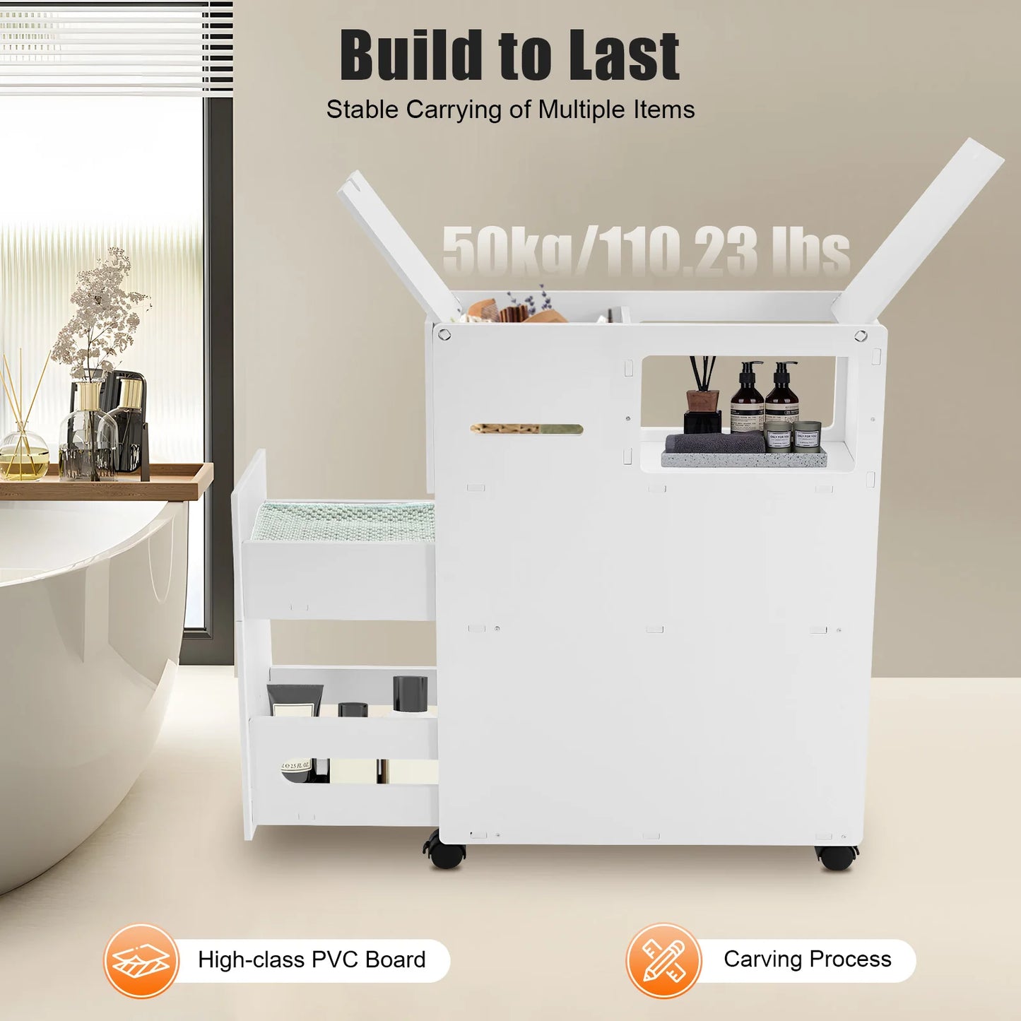 Modern Bathroom PVC Narrow Floor Standing Storage Cabinet With Drawers
