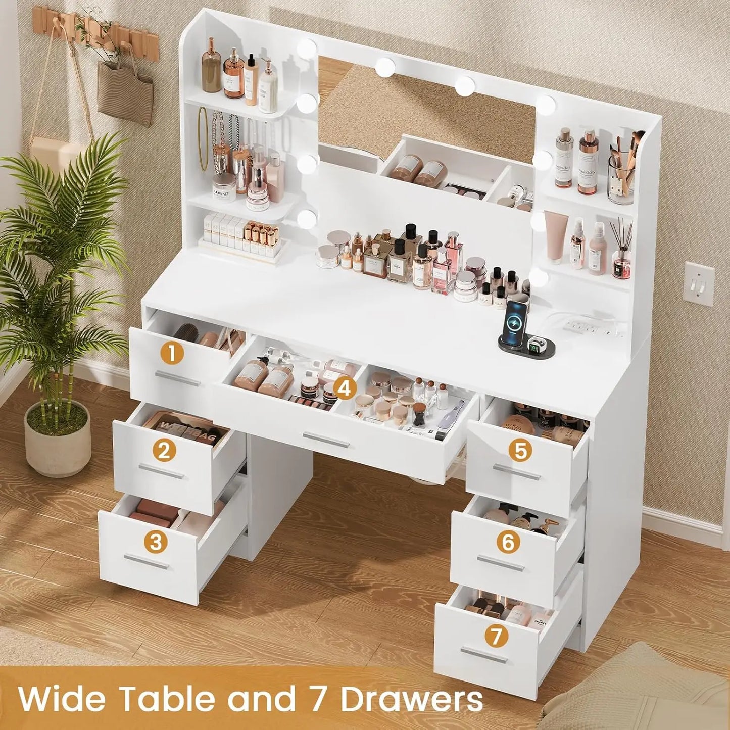 Vanity Desk With LED Mirror And Power Outlet 7 Drawers