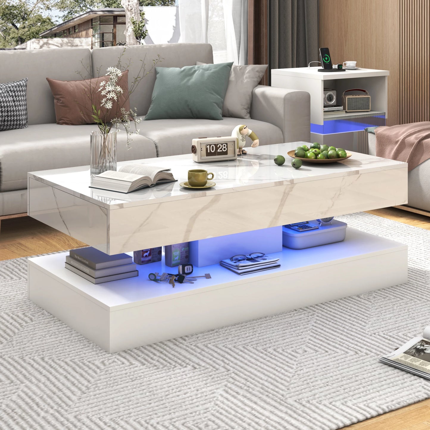 QiaoShiRen Modern Double Layer Coffee Table With Storage Drawers