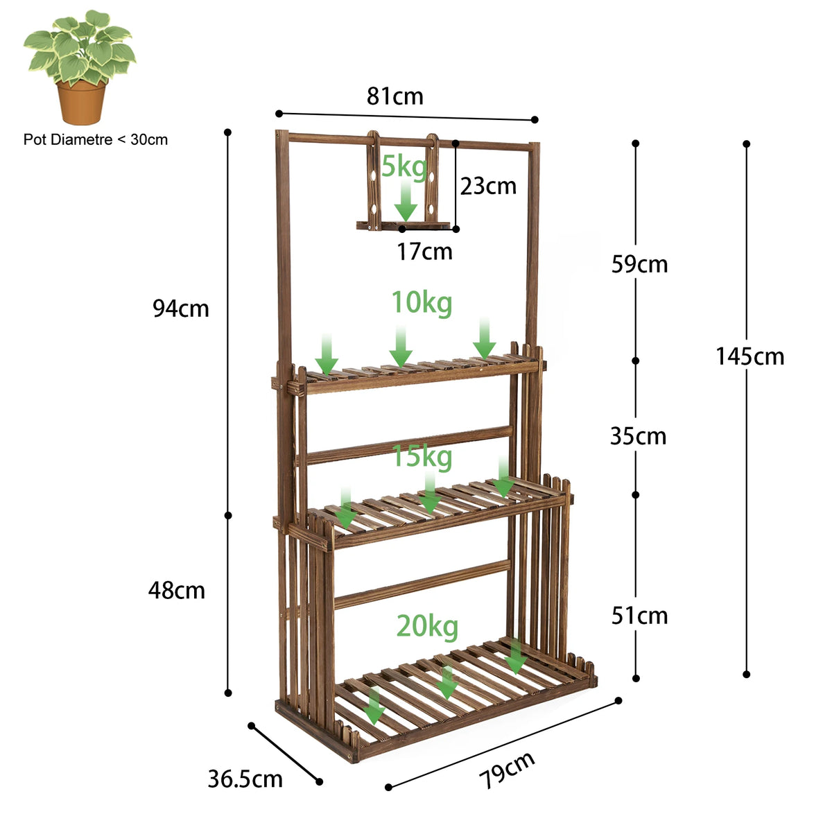Heavy Duty Wooden Hanging Plant Stand With Tiered Shelves