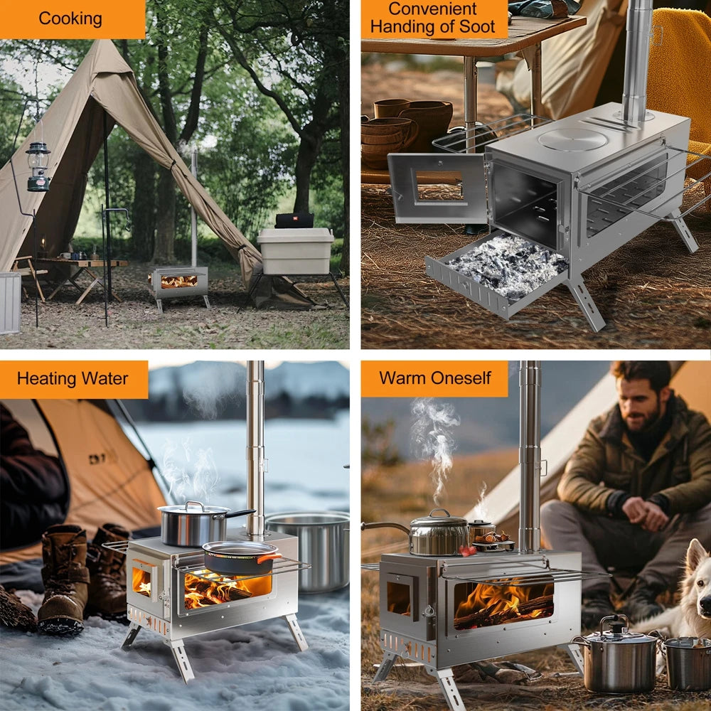 Portable Wood Burning Stove Stainless Steel Outdoor Heater Chimney Pipes