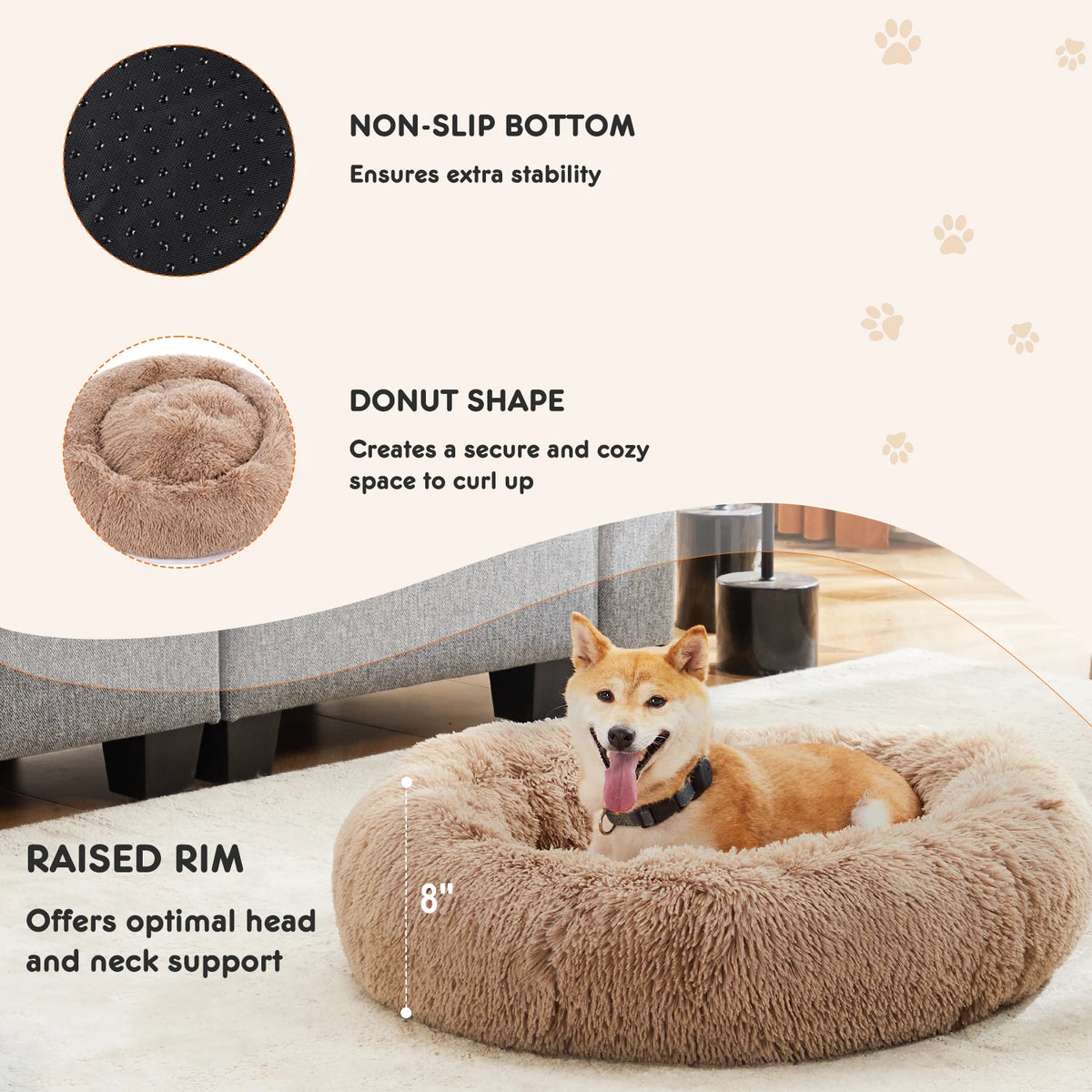 JHK Washable Plush Faux Fur Anti-Slip Calming Dog Bed