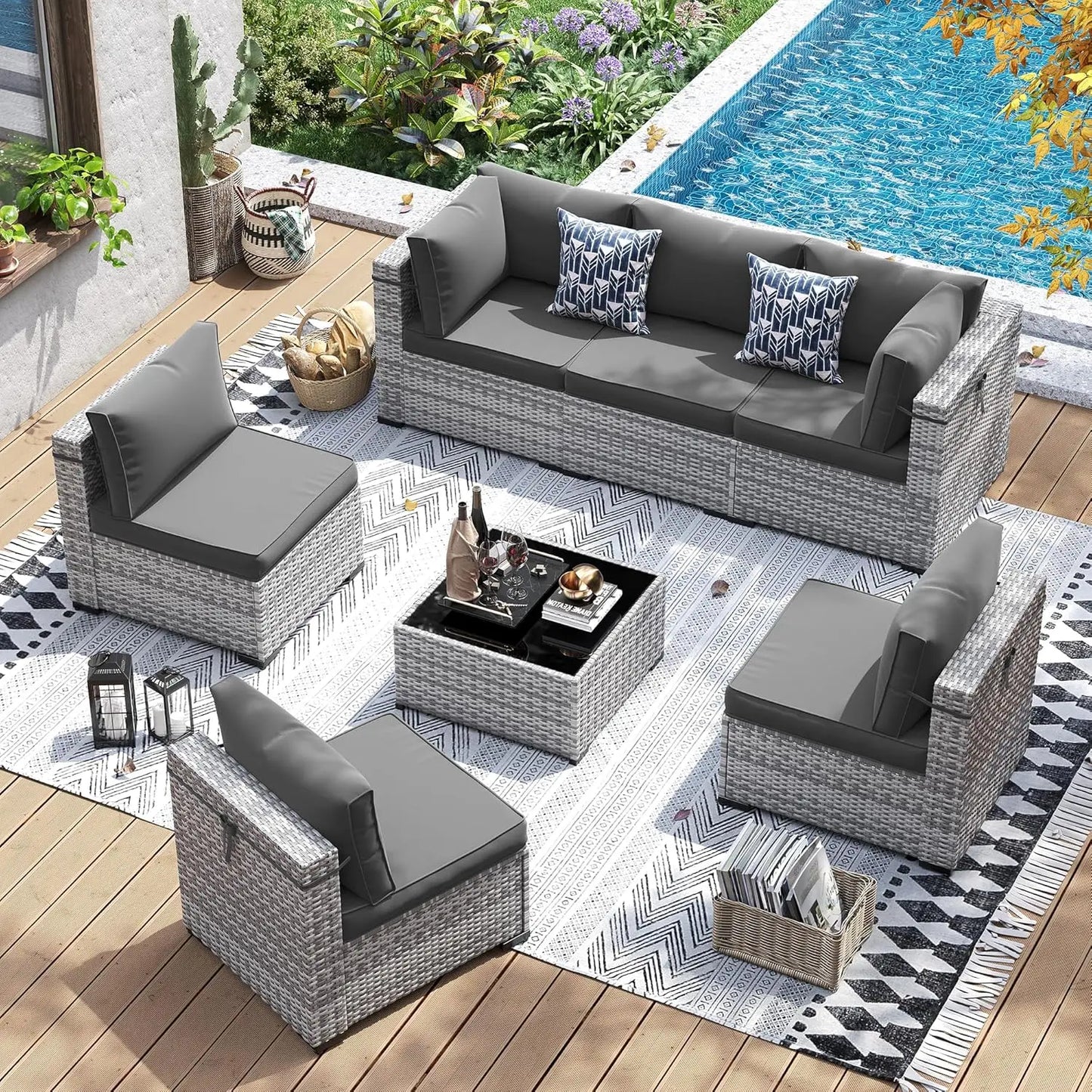 Patio Furniture Set 7-Piece PE Wicker Outdoor Conversation