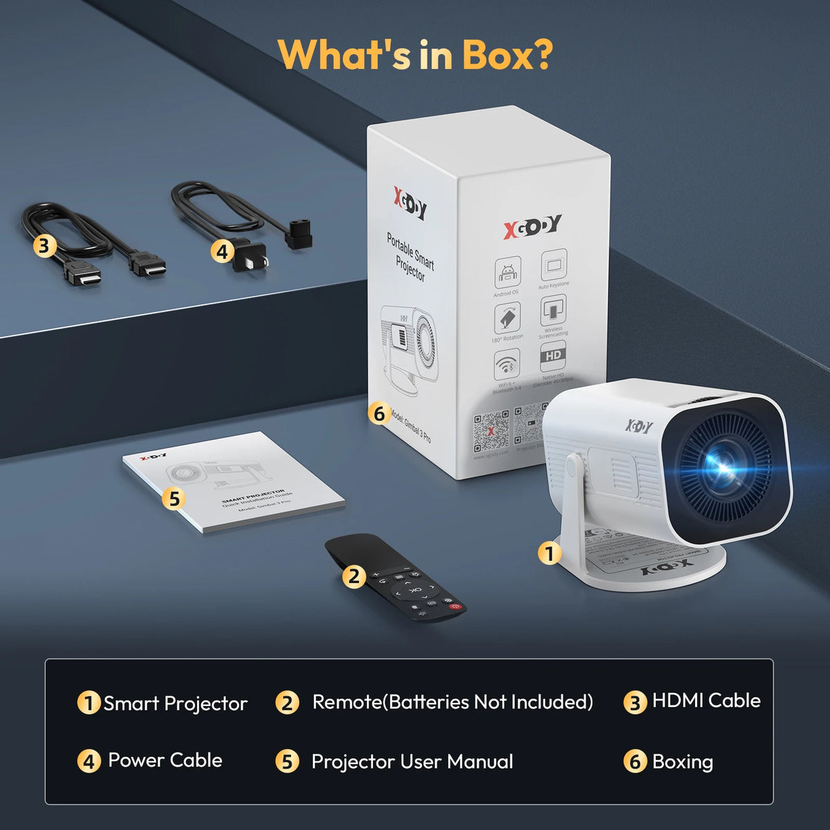 XGODY Gimbal Pro 720P Android Projector With Auto Keystone Correction