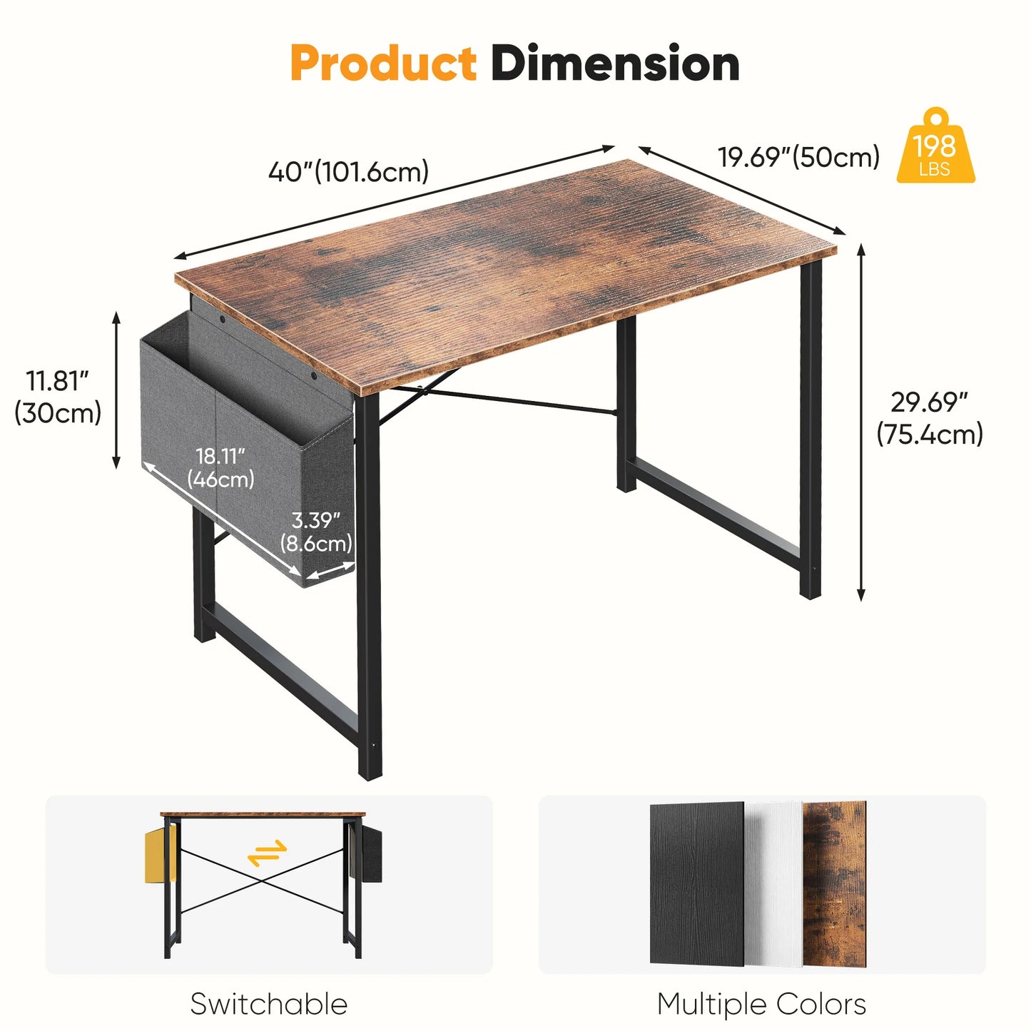 JHK Computer Desk With Wooden Top And Practical Storage Bag