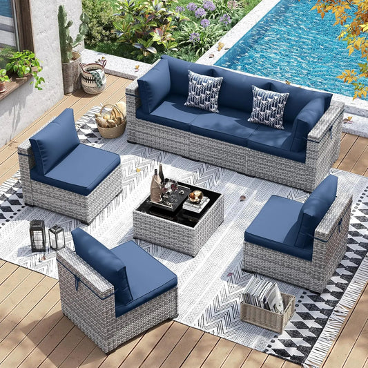 Patio Furniture Set 7-Piece PE Wicker Outdoor Conversation