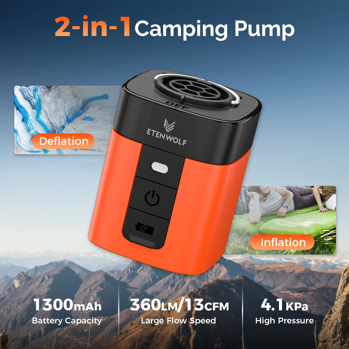 ETENWOLF AIR 3SE Portable Inflator Deflator Pump for Camping Mats