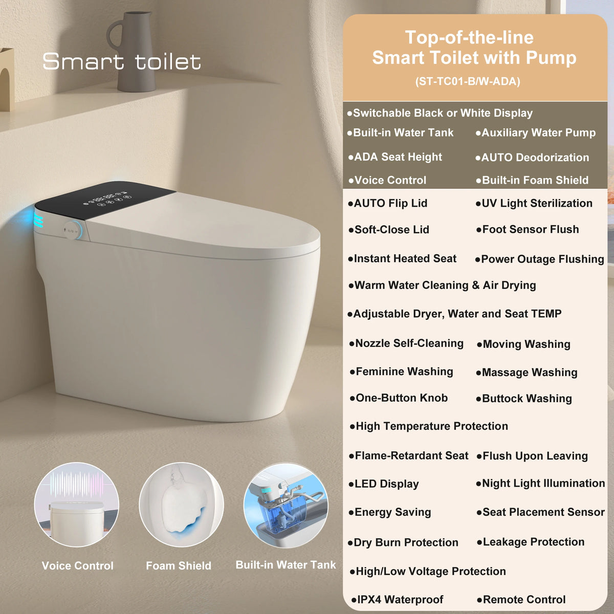 Smart Automatic Open Bidet Toilet Dual Flush Heated Seat Warm Water Self Cleaning