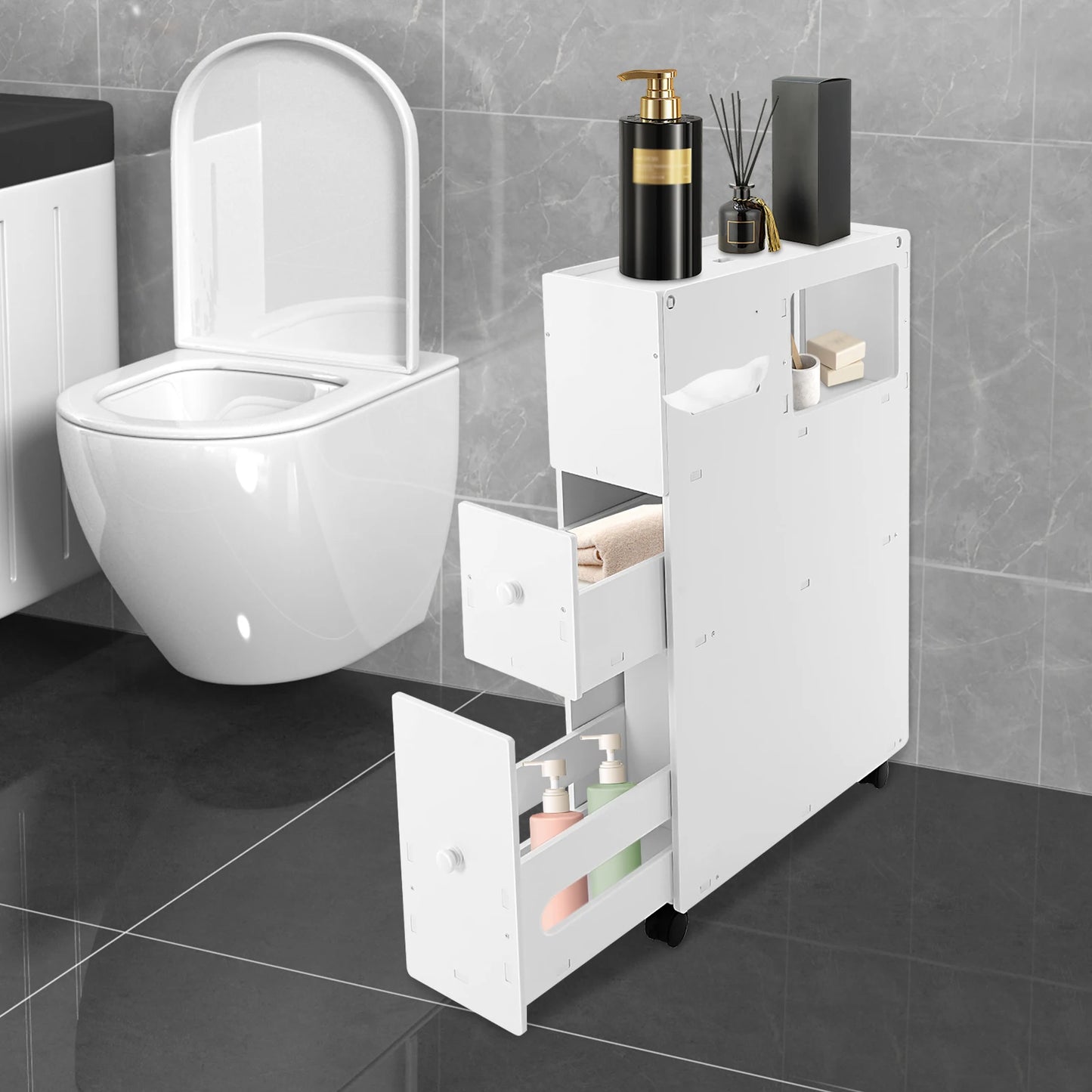 Modern Bathroom PVC Narrow Floor Standing Storage Cabinet With Drawers
