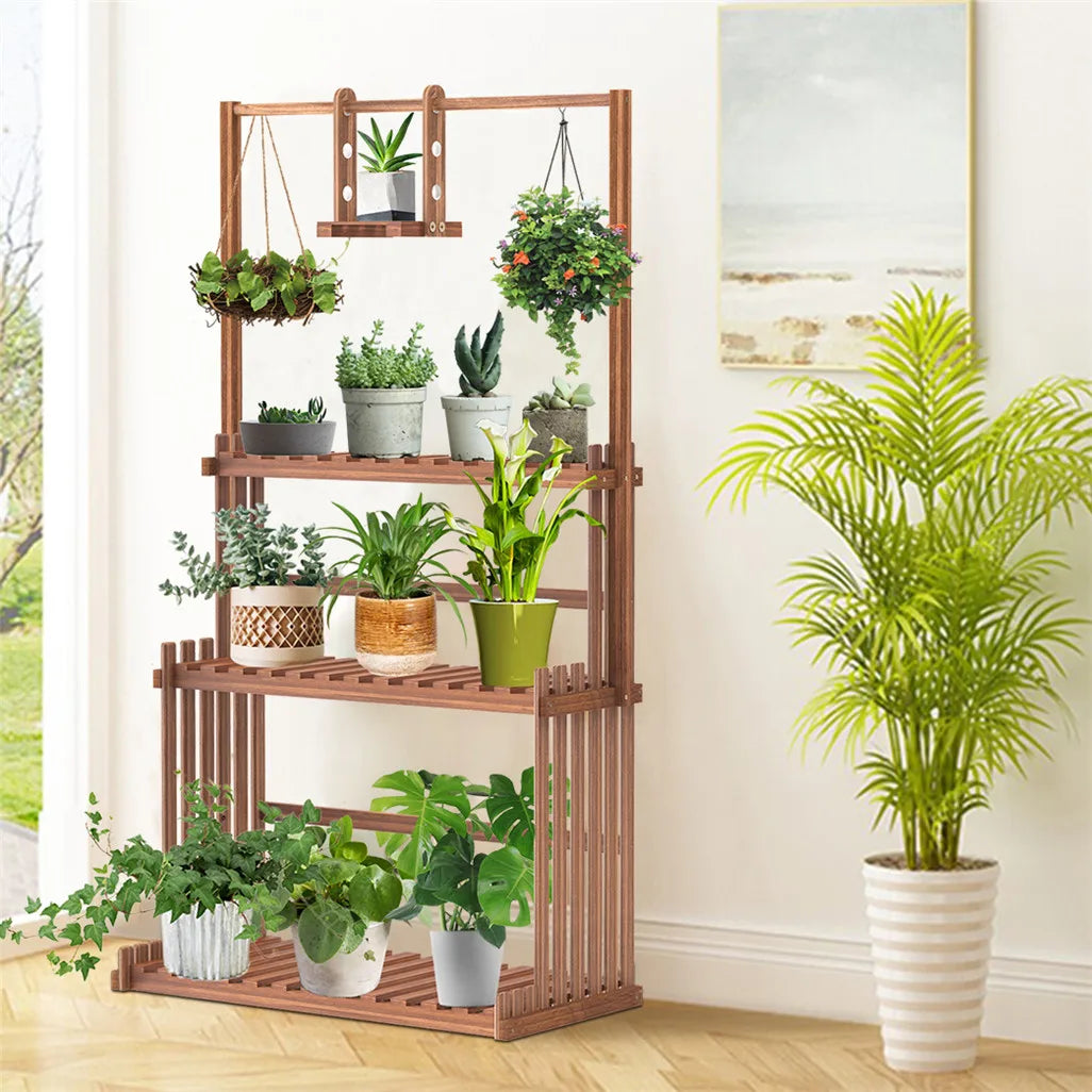 Heavy Duty Wooden Hanging Plant Stand With Tiered Shelves