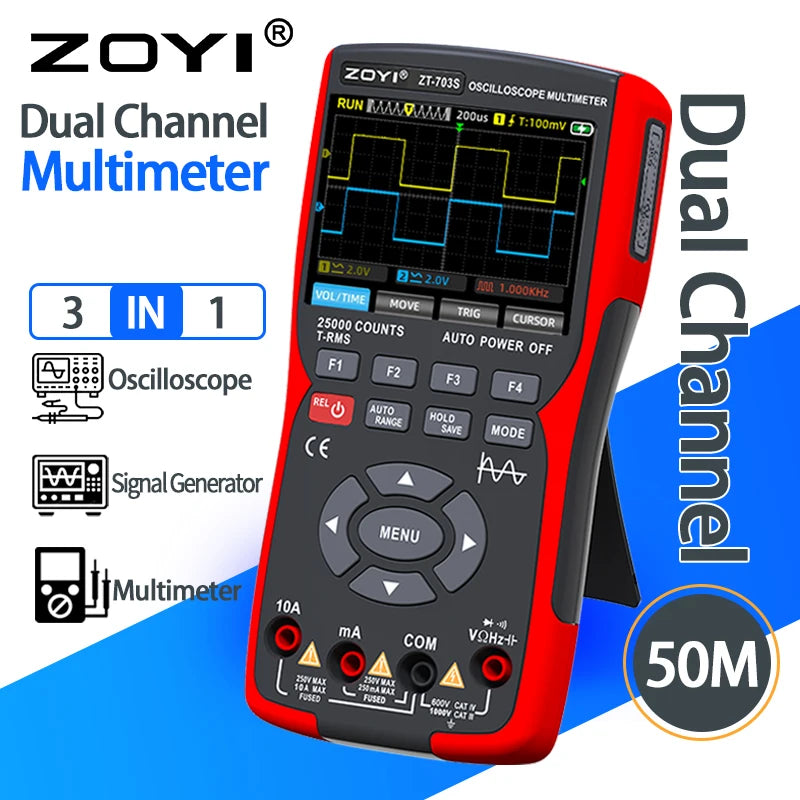 ZOYI ZT-703S 50MHz Handheld 3-in-1 Oscilloscope Multimeter Signal Generator