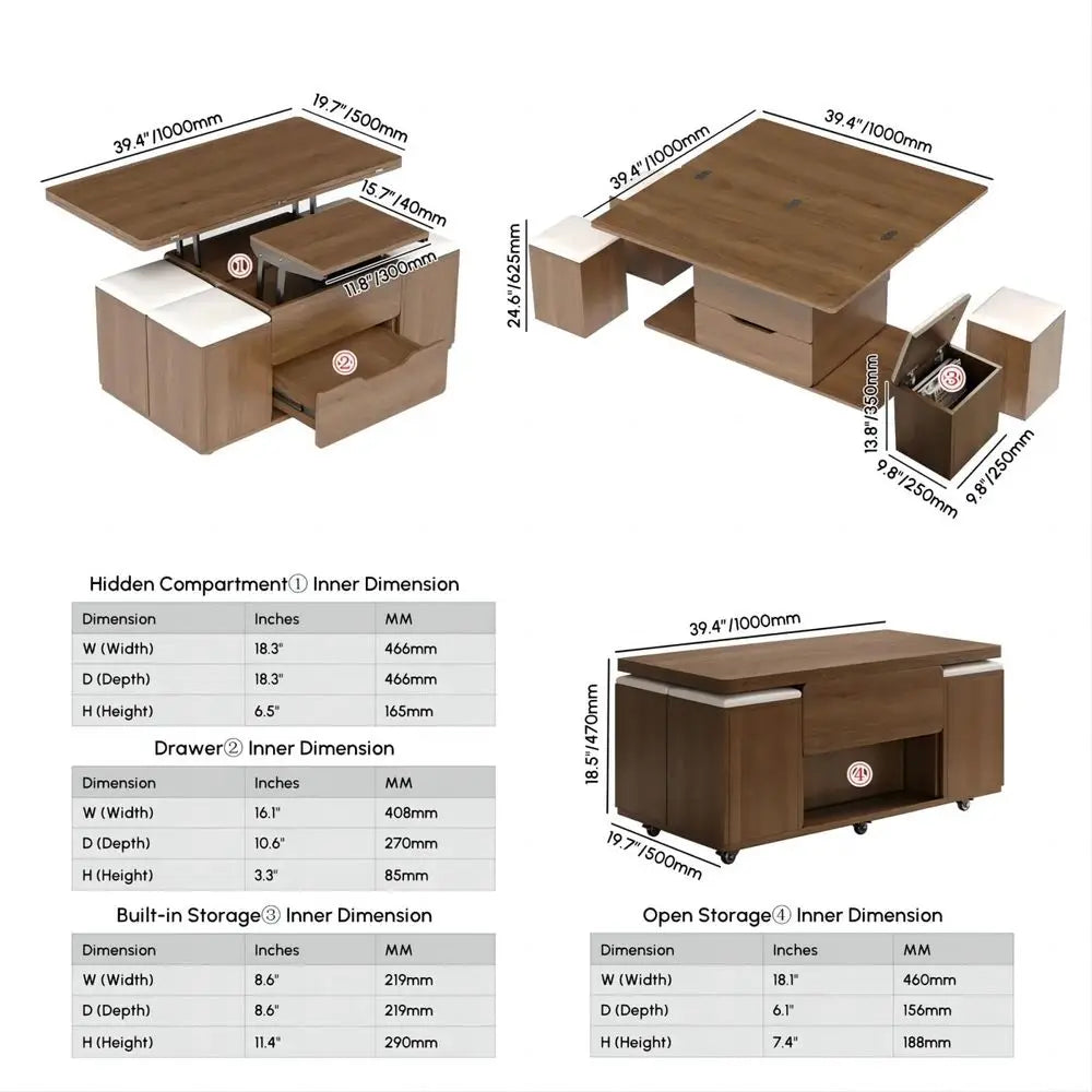 LiftTop Coffee Table With Hidden Storage And Folding Stools