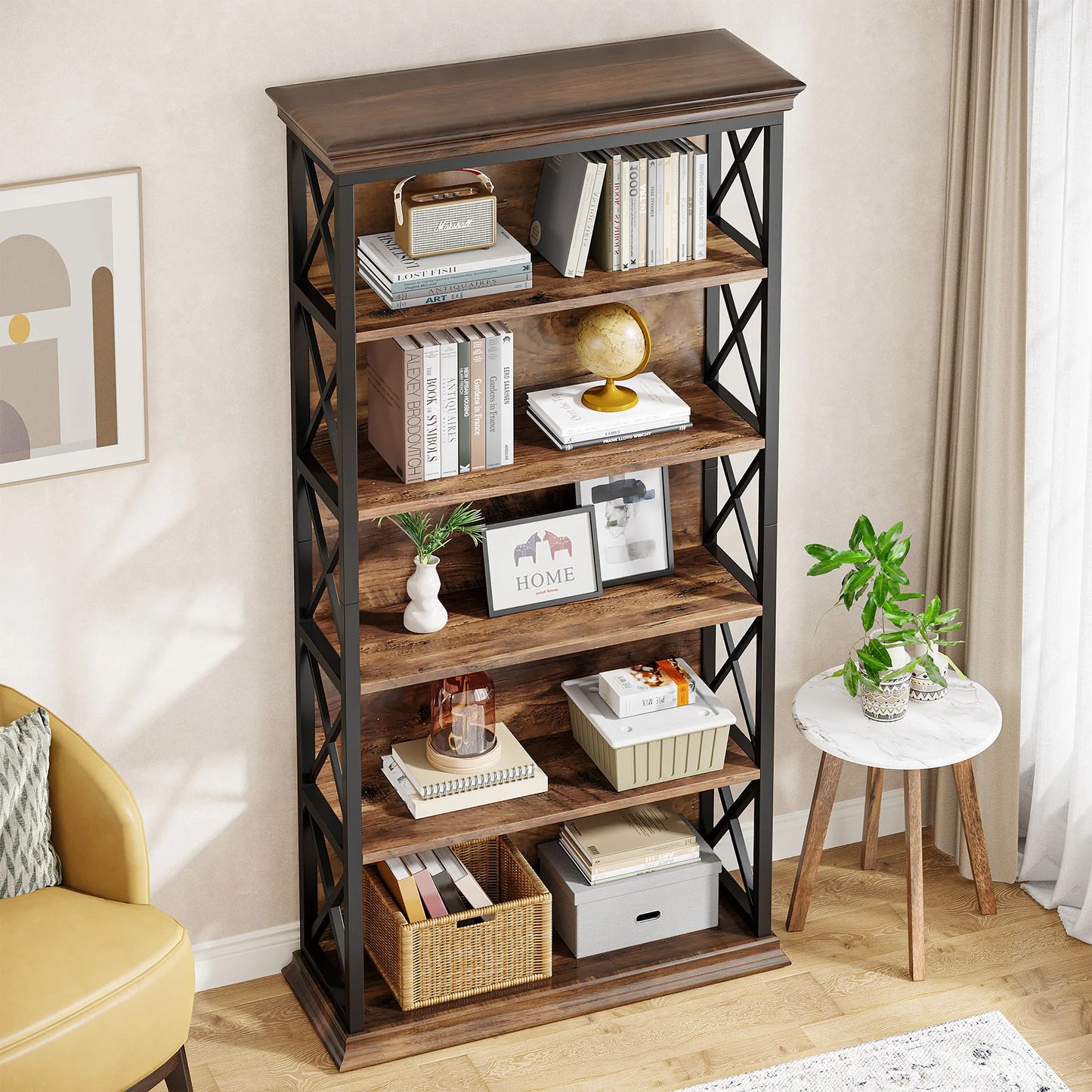 Tribesigns 5-Tier Industrial Wood Bookcase for Living Room