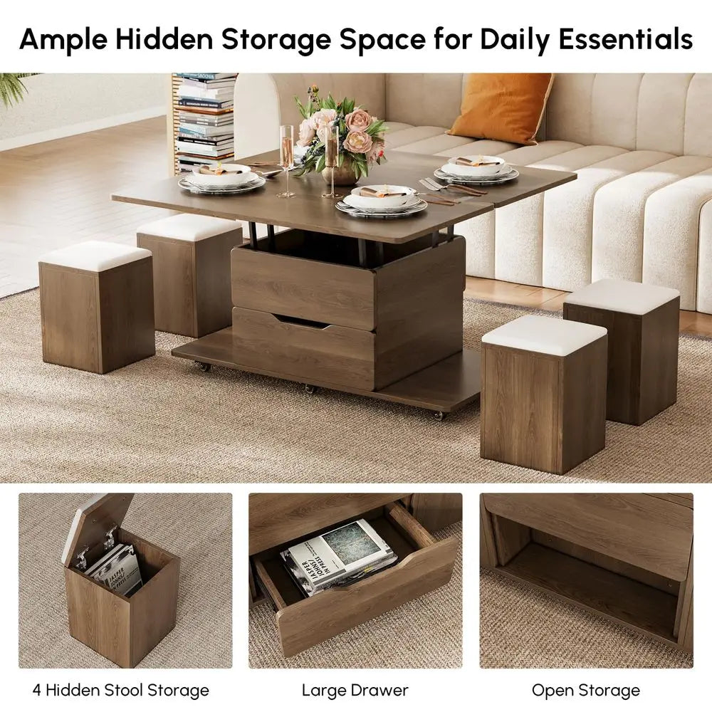 LiftTop Coffee Table With Hidden Storage And Folding Stools